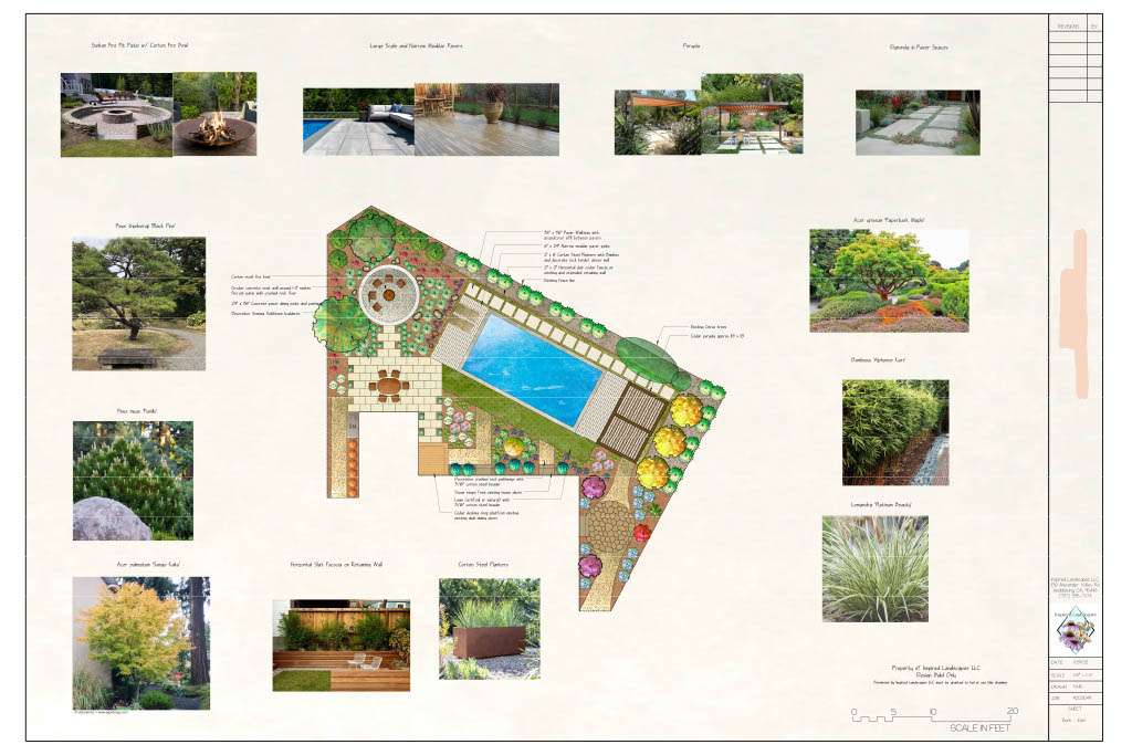 Blueprint of backyard design including colored layout image and photos around the