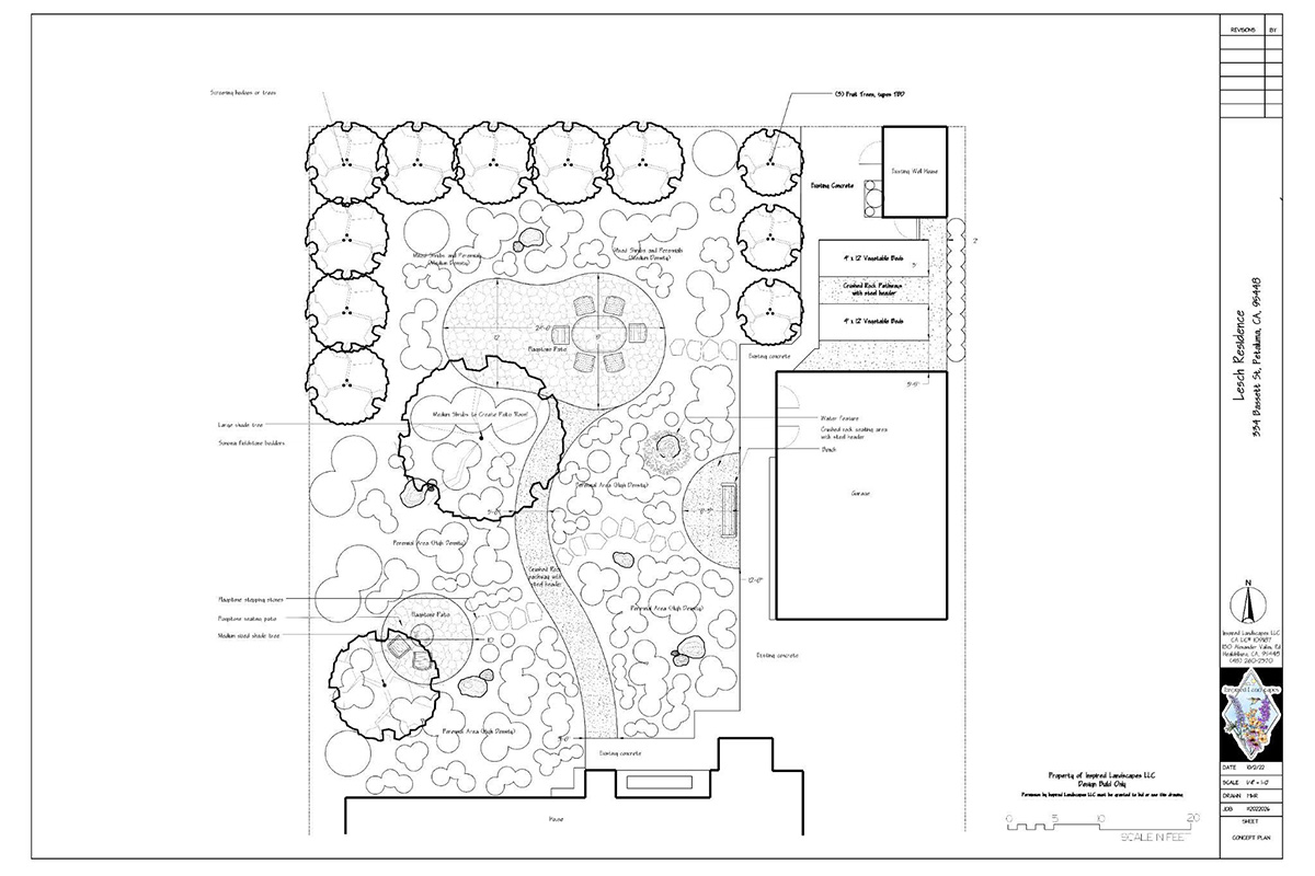 Black and white drawing of a blueprint outlining a backyard design.