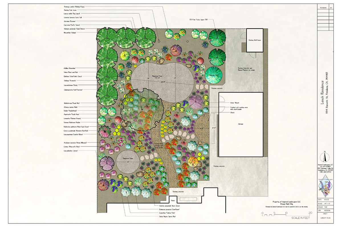 Blueprints of backyard design including colored layout image