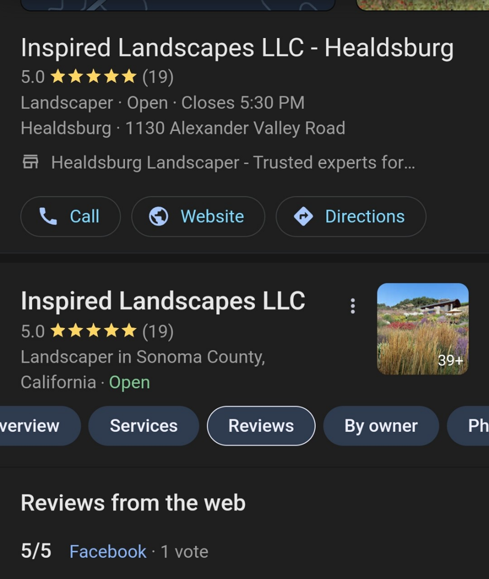 Screenshot of 5 star reviews for Inspired Landscapes LLC
