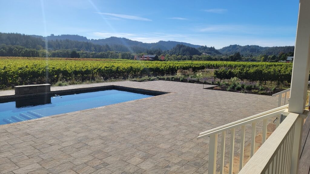 a pool and vineyard in the background 