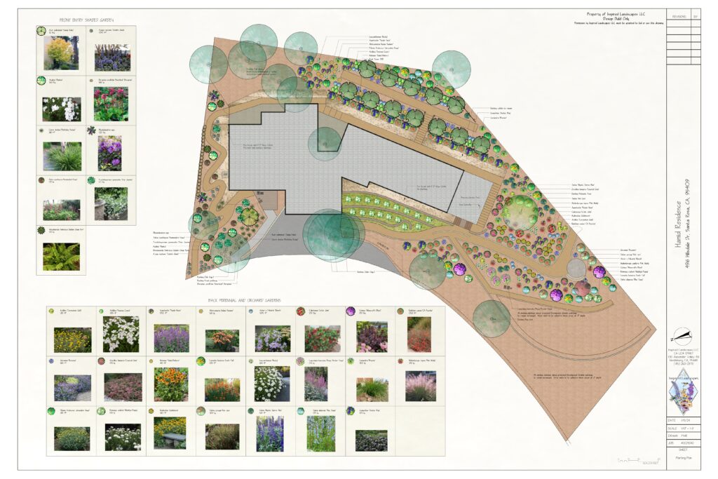 Landscape design plan with boxes of different plants, bushes, and flowers in boxes surrounding the design.