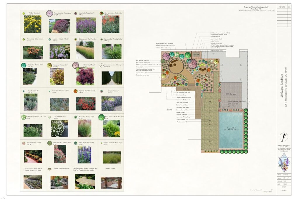 Landscape design plan on the right with a boxes of different plant, trees and bushes on the left.