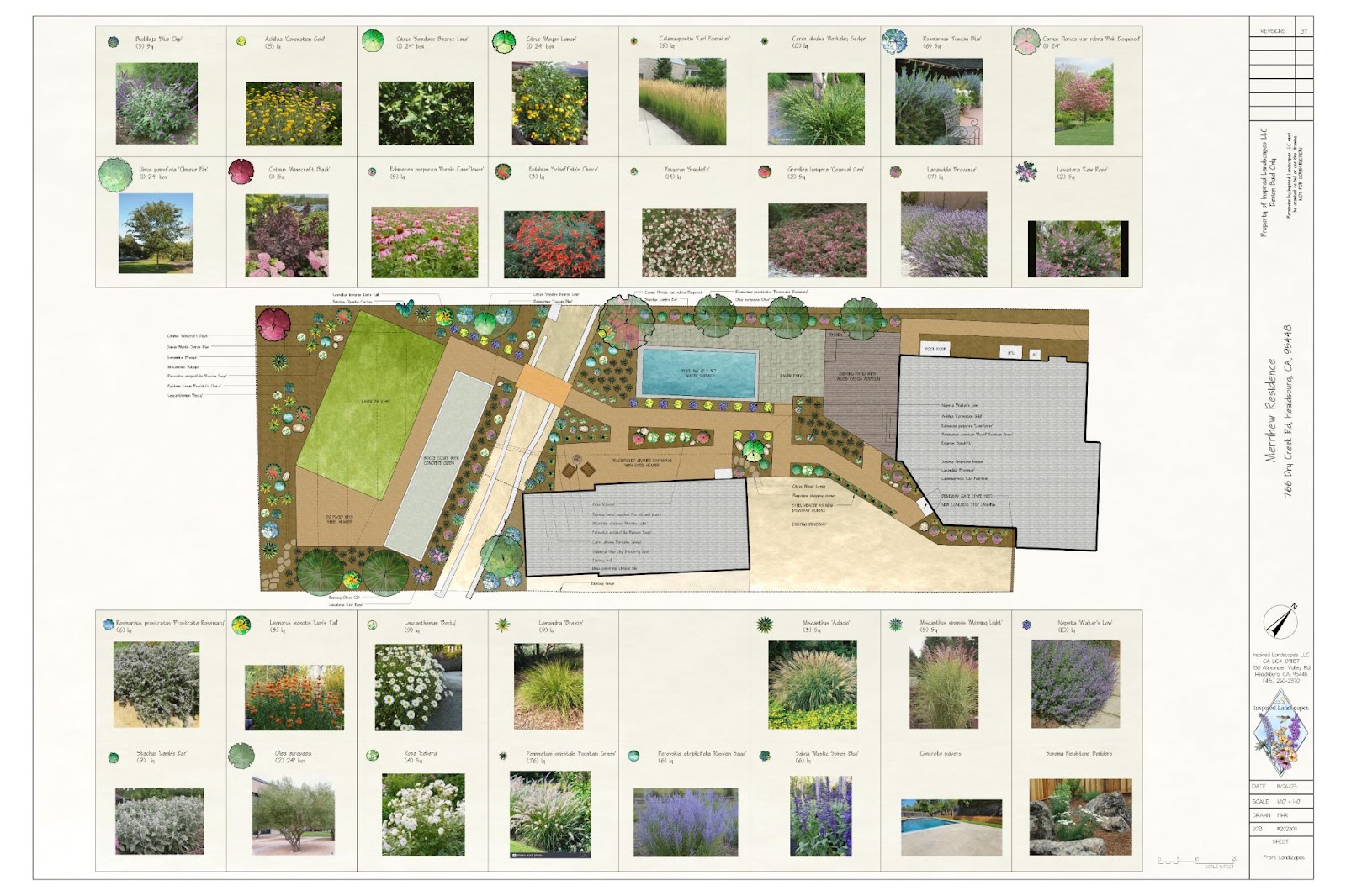 Landscaping design plan with a variety of sample plants, bushes and flowers in boxes around the edge.
