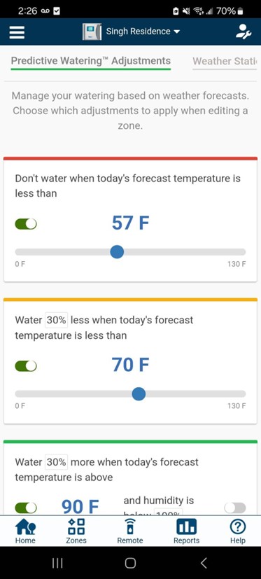 Hunter Hydrawise app showing weather-based water saving settings