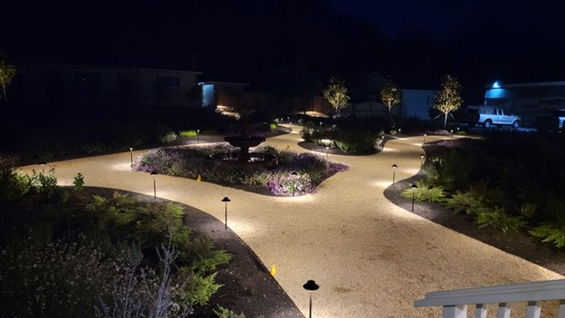 Pathway lighting during a night time inspection at a maintenance account in Healdsburg