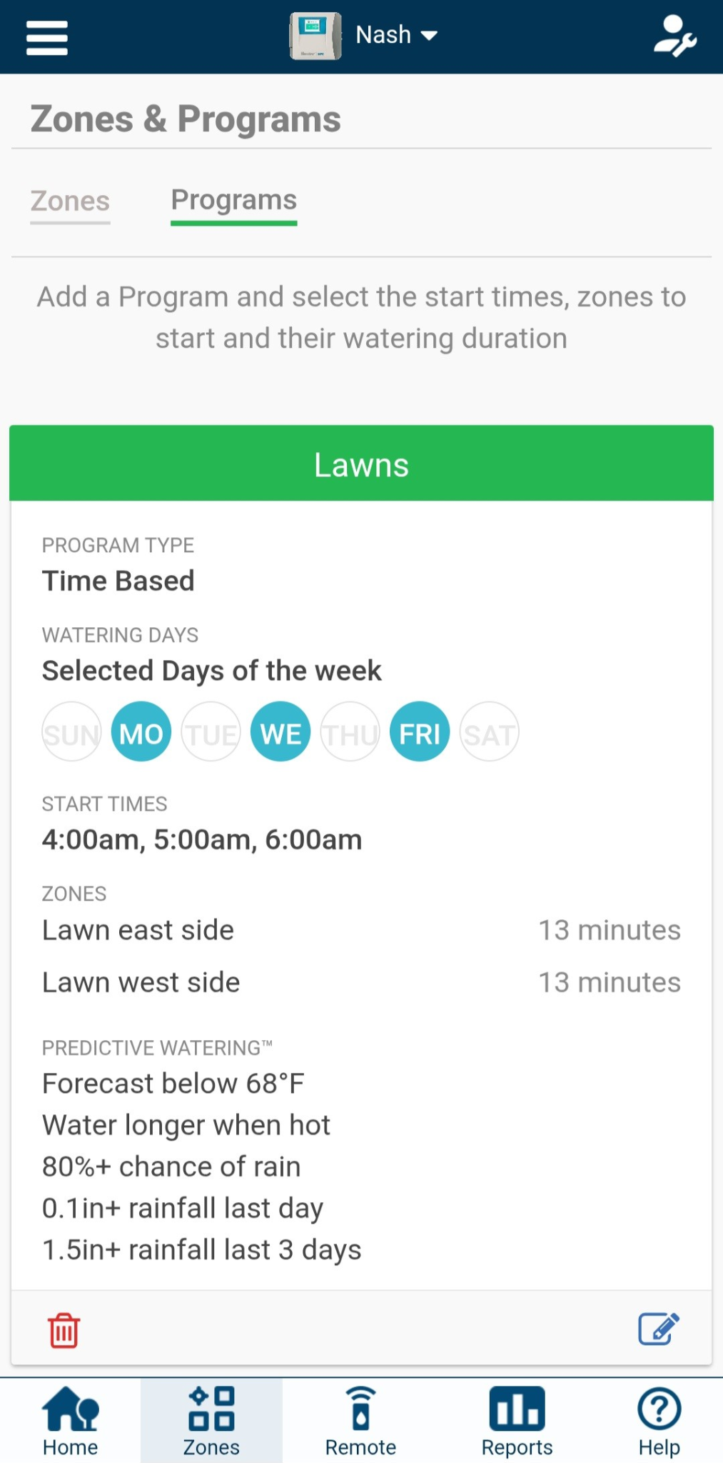 A screenshot from the Hunter Hydrawise app showing an irrigation cycle for lanes which divides days and run times to improve sustainability through water efficiency.