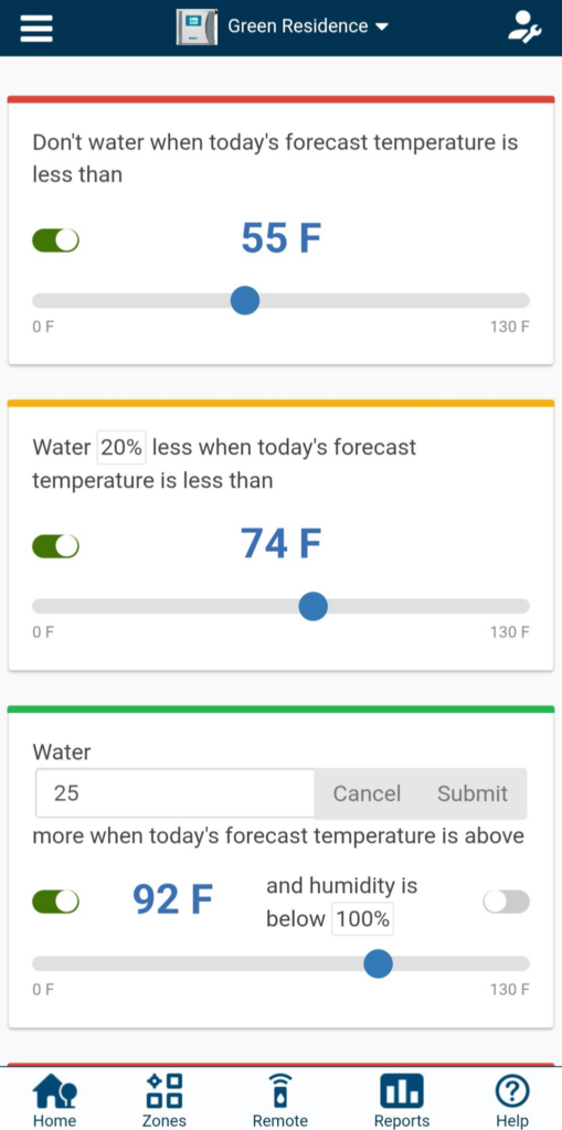 A screenshot from the Hunter Hydrawise app showing customizable weather triggers that allow the controller to automatically adjust based on current weather data.