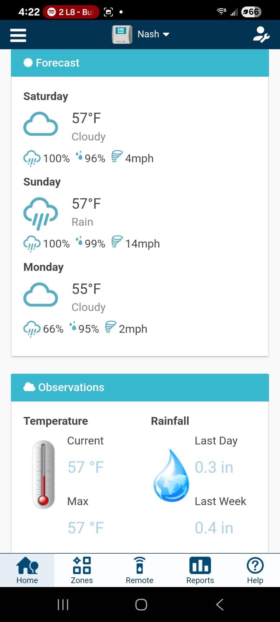 A screenshot of a modern WIFI enabled irrigation controller displaying real time weather data.