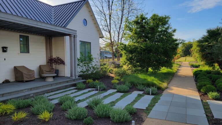 Thyme ground cover thriving between stepping stones with a sustainably managed irrigation system by Inspired Landscapes in Calistoga.