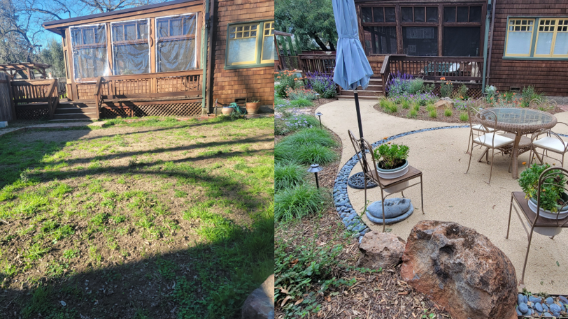 Before and after shots of a backyard with plain grass and then with full landscaping.