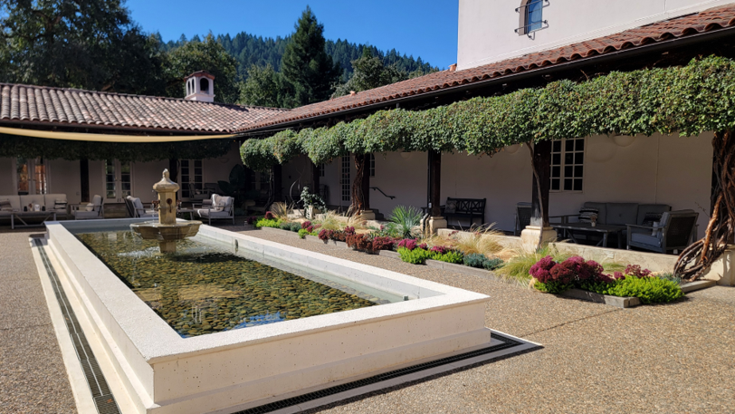 A large water feature at the center of a courtyard surrounded by landscaped plants.