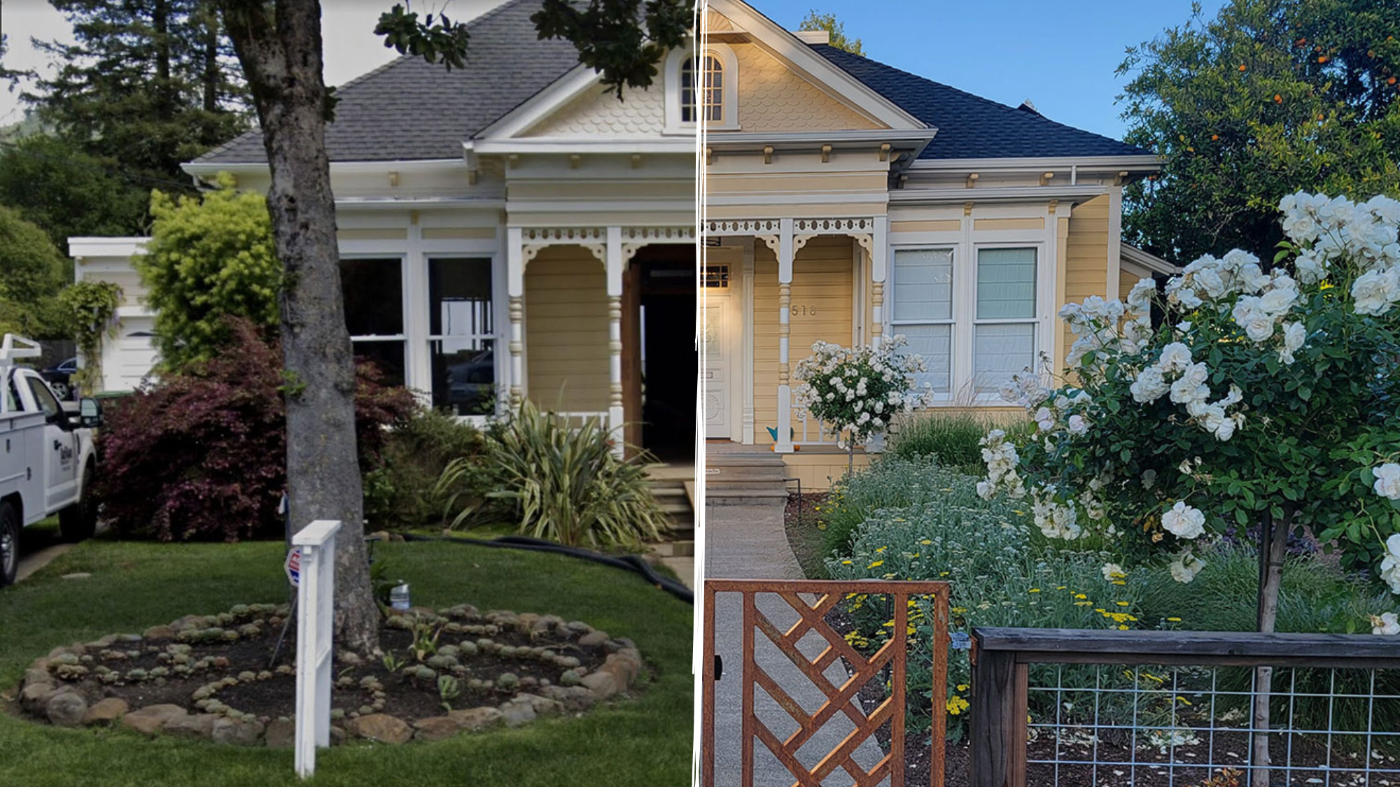 A before and after image showing a plain lawn and sustainable landscaping.